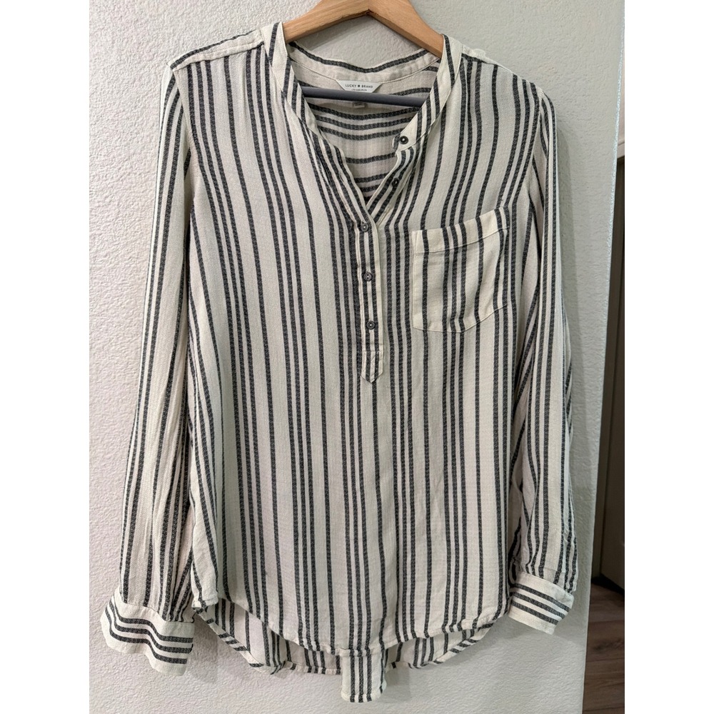 Lucky Brand Womens Striped Henley Blouse Long Sleeve Top Ivory Navy Blue Medium